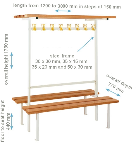 Double sided floor bench with shelved hook rail