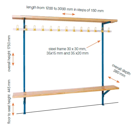 Wall bench with shelved Hook rail